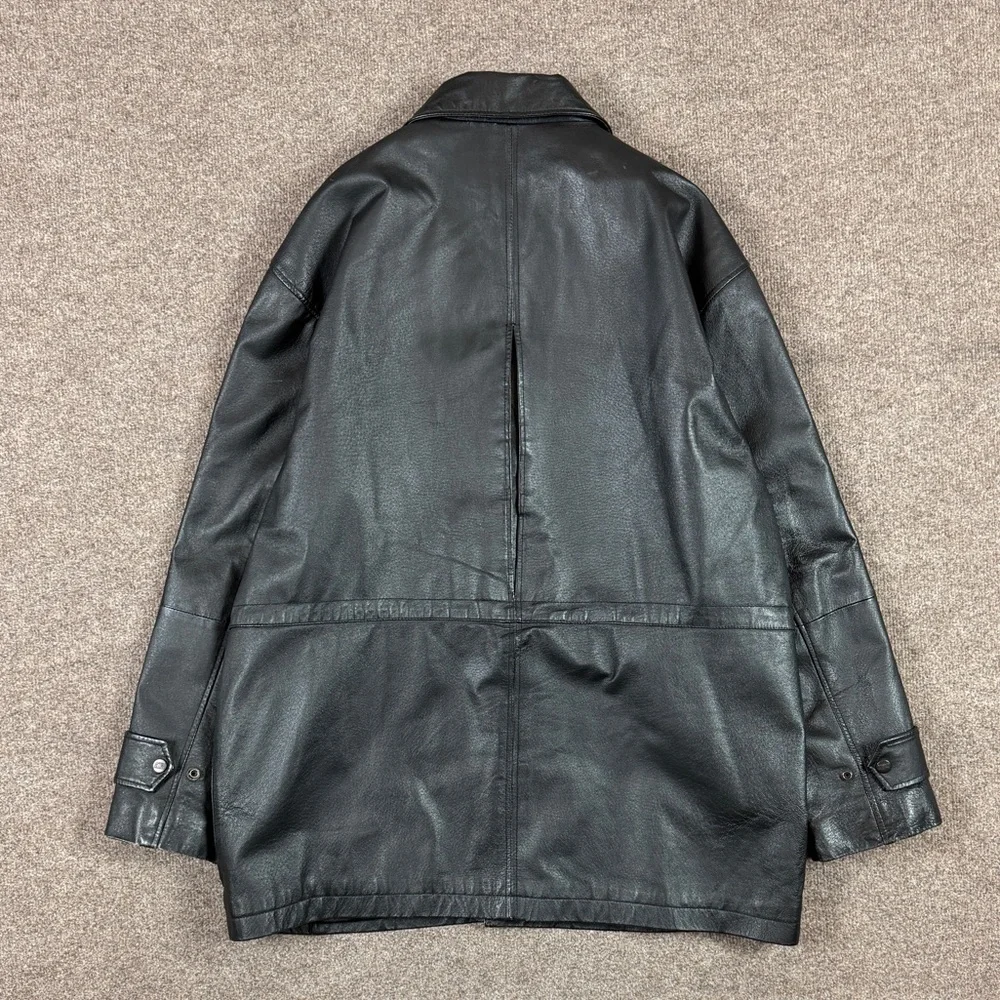 VTG Black Genuine Leather Jacket Men’s XL Button Front Collared Drawstring Waist